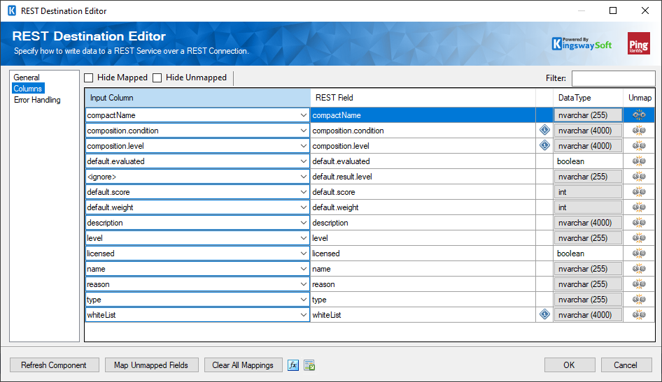 SSIS Ping Identity Destination Component - Columns